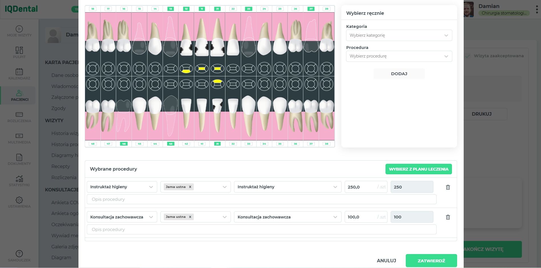 IQ Dental - Możliwość edycji cen na etapie kończenia wizyty i dodawania procedur