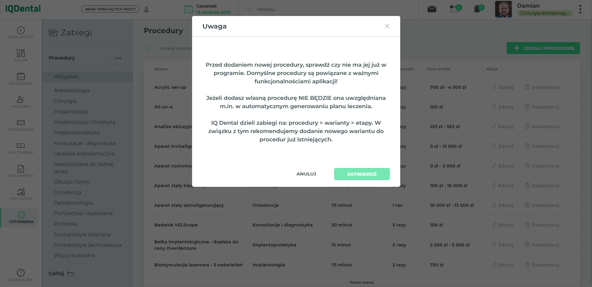 IQ Dental - Alert przed dodaniem nowej procedury