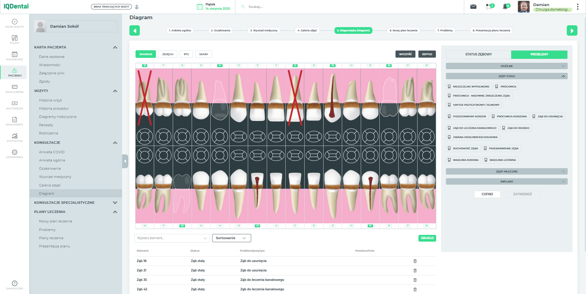 IQ Dental - Wyświetlanie listy problemów pod diagramem