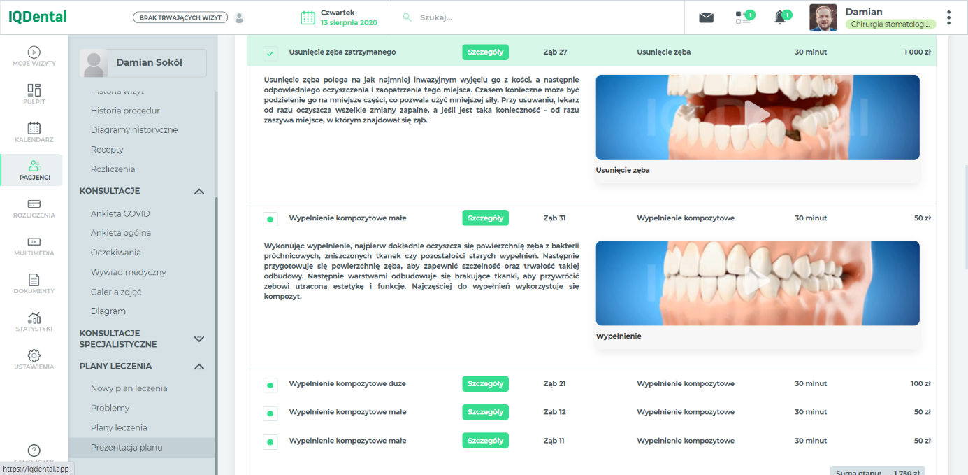 IQ Dental - Dodanie szczegółów do planu leczenia