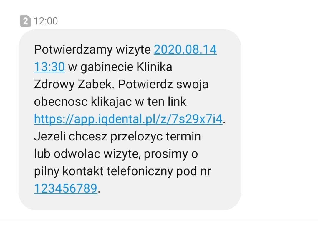 IQ Dental - Dodanie do SMS-a z przypomnieniem o wizycie linku, który potwierdza wizytę w IQ Dental