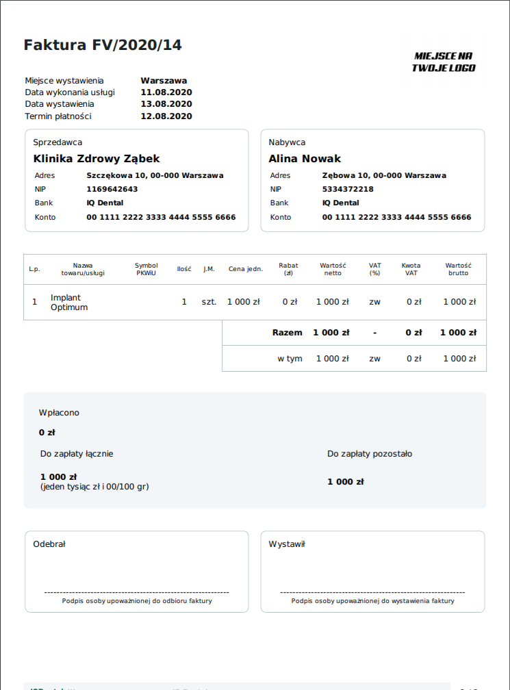 IQ Dental - Wystawianie faktur, faktur zaliczkowych i faktur korygujących
