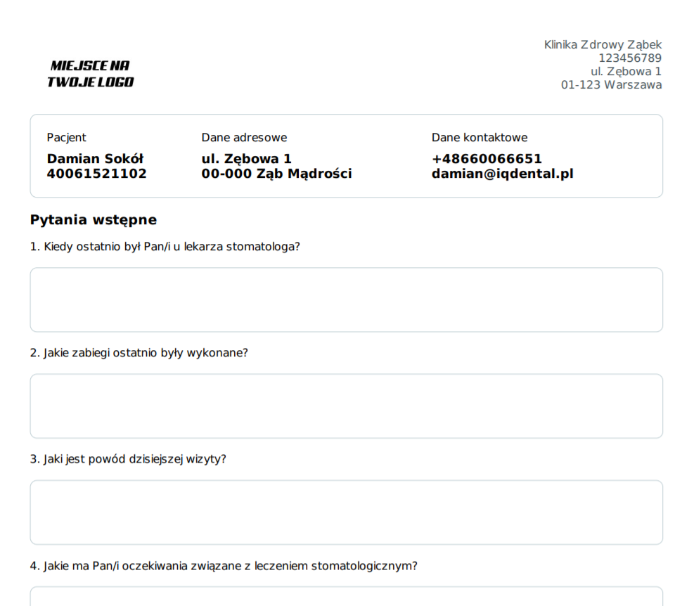 IQ Dental - Dodanie możliwości drukowania pustych ankiet