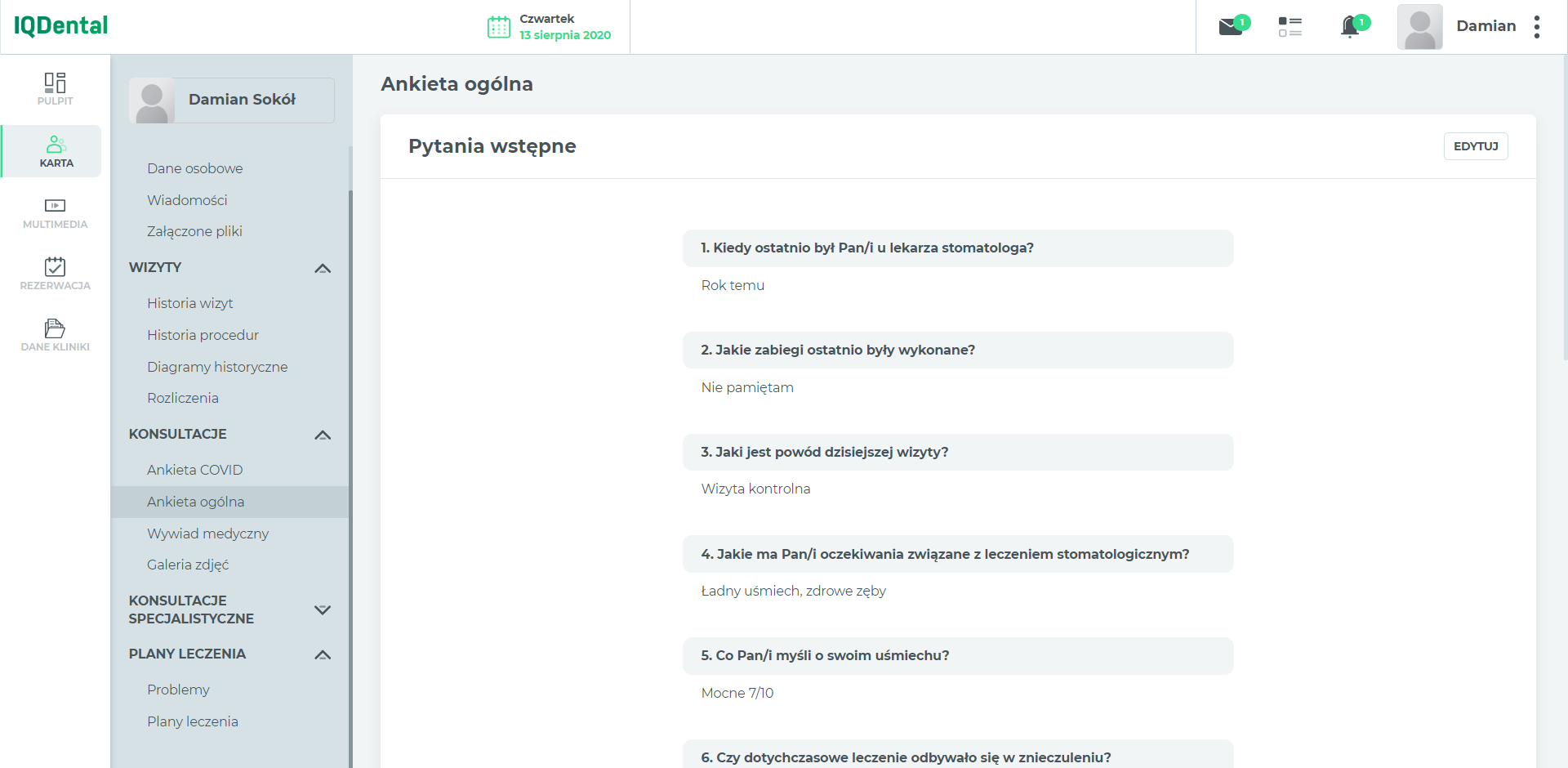 IQ Dental - Odblokowanie możliwości edycji ankiet i wywiadu medycznego przez pacjenta