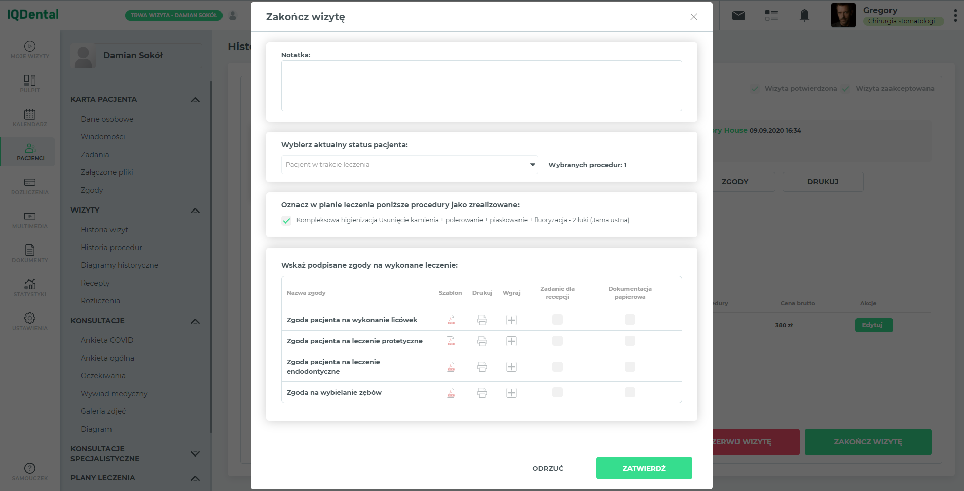 IQ Dental - Dodanie zgód do karty pacjenta