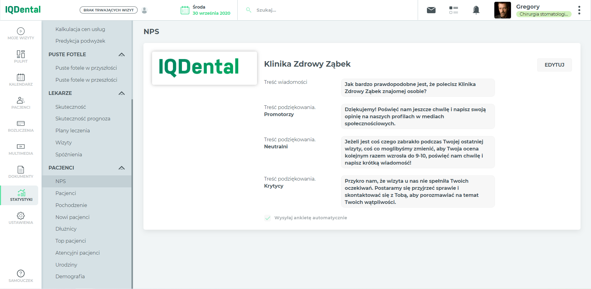 IQ Dental - Konfiguracja ankiety Net Promoter Score (NPS)