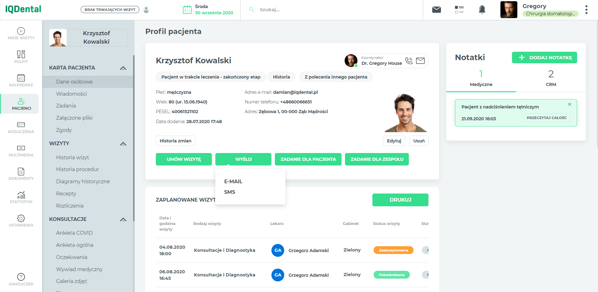 IQ Dental - Dodanie wysyłki SMS z poziomu karty pacjenta