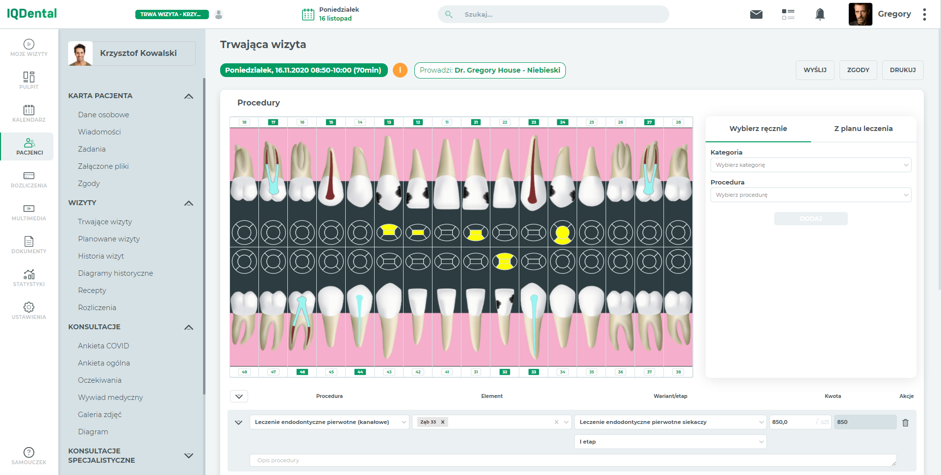 Przeprojektowany widok trwającej wizyty - IQ Dental 